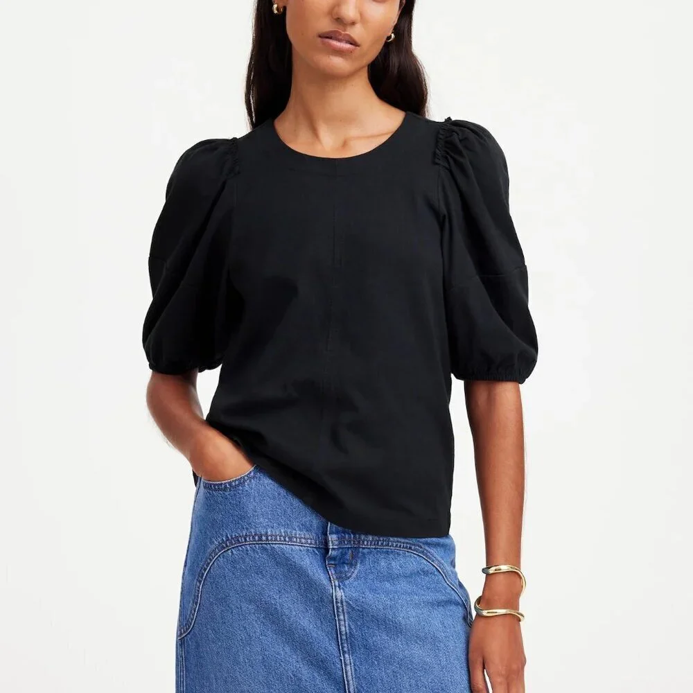 Madewell Puff-Sleeve Cotton Jersey Ruffle Trim Relaxed Fit Tee Black Size XS NWT